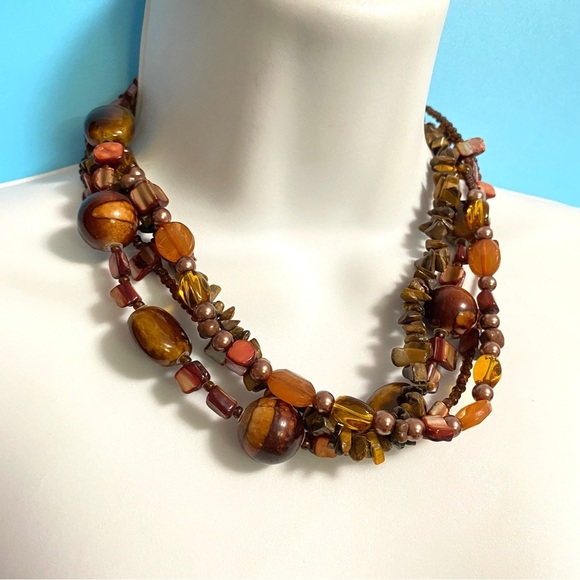 Boho Tigereye Stone Chips Glass Beads Shells Multistrand Brown Tones Necklace - Picture 5 of 8